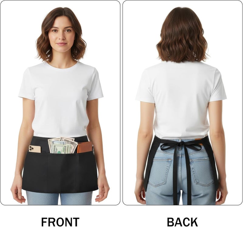 BOHARERS Server Aprons Waitress Aprons with 3 Pockets - Black for Women Men Waiter Restaurant Waist Aprons, 24 X 12 inch - Image 2